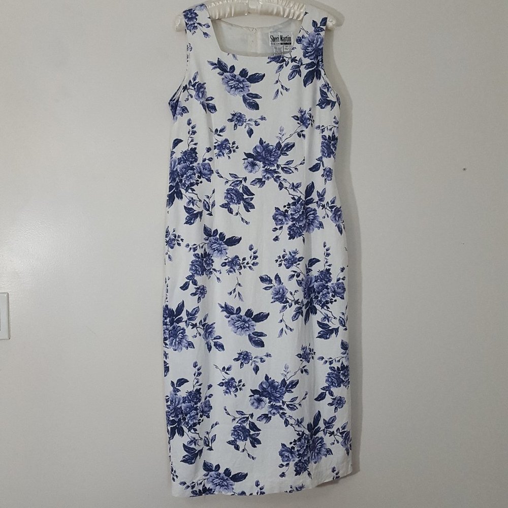 Sheri Martin Blue and Ivory Floral Tunic Dress 14P